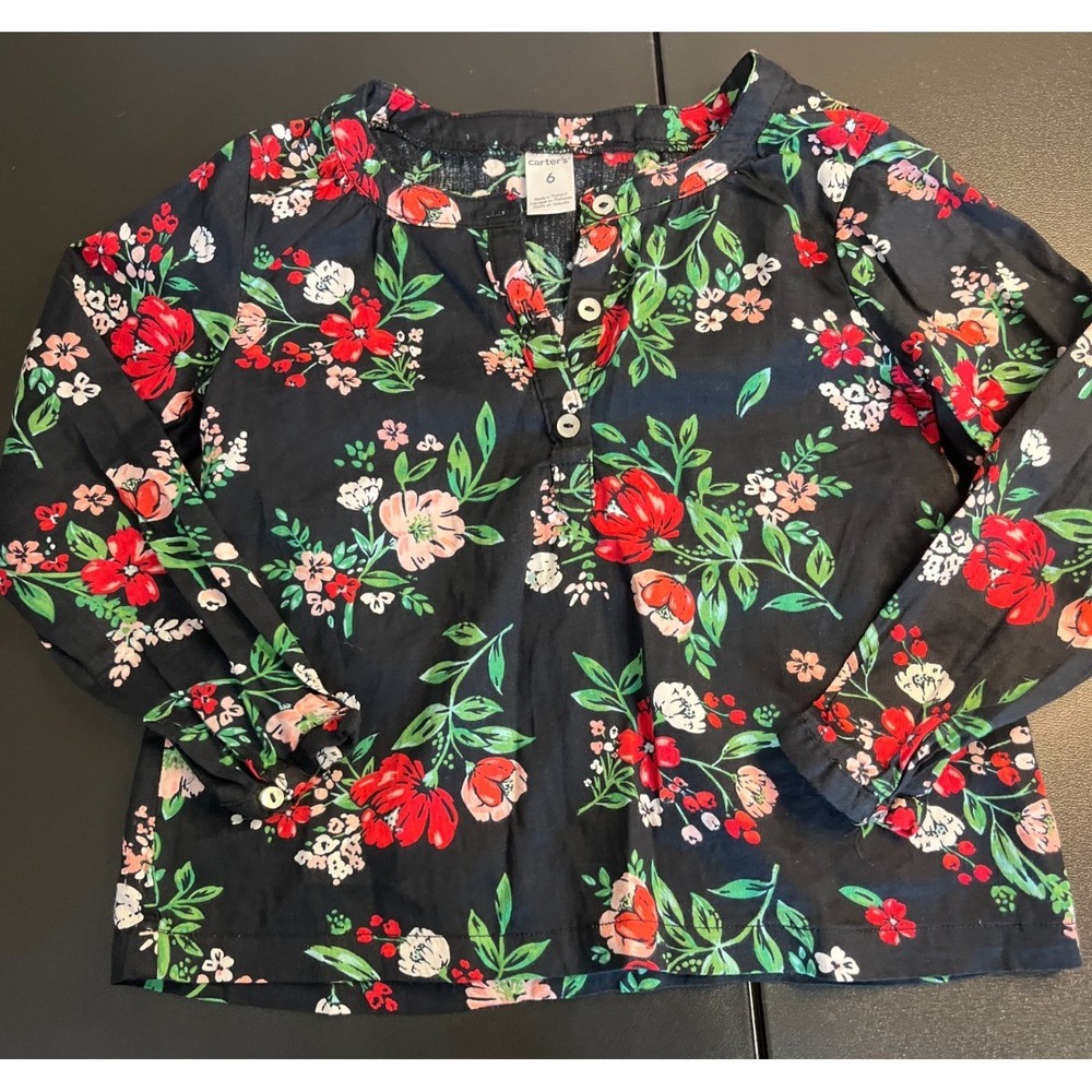 Carters‎ Girls Holiday Blouse | Black w/ Red & Green Floral | Long Sleeve | Sz 6